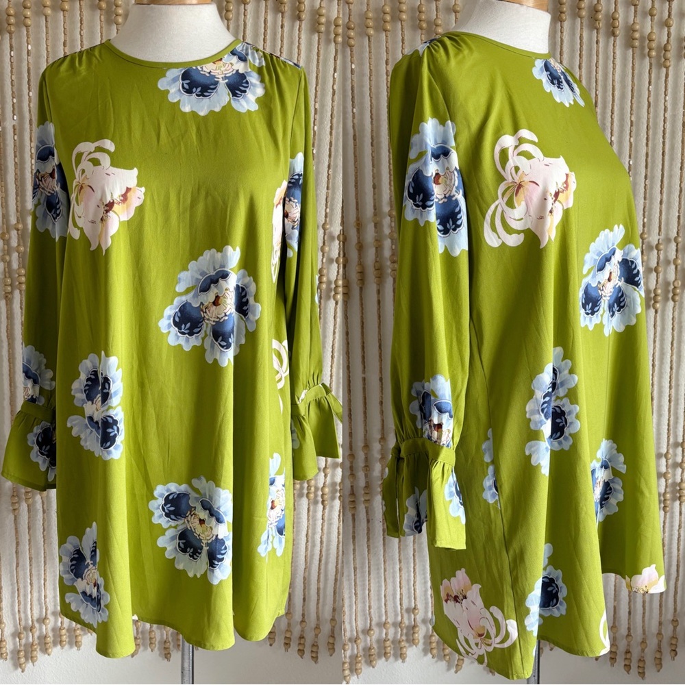 Vibrant Feminine Floral Green White Blue Silky Going Out Bell Sleeve Shift Dress